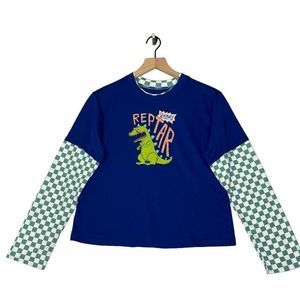 Nickelodeon Womens Reptar Graphic Blue Checkered Long Sleeve T-Shirt Size L NEW!